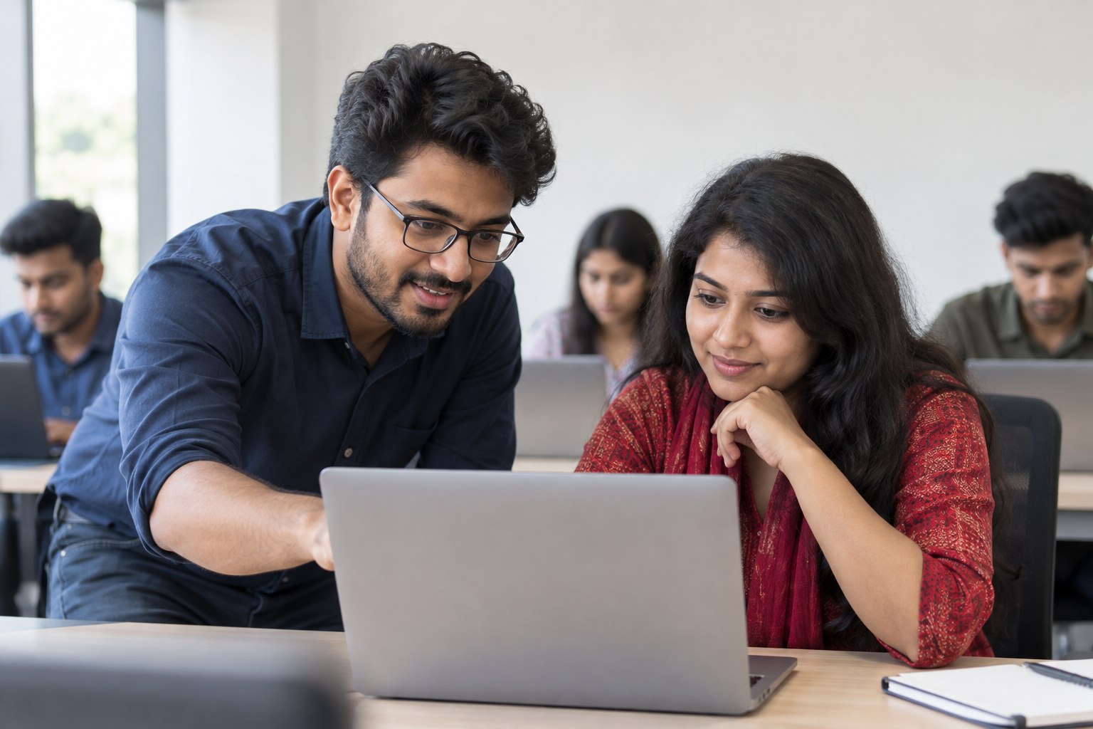 Advisor helping a learner at a computer